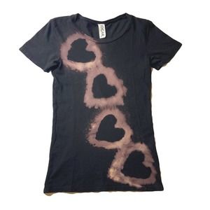 Black scoop neck Tee, upcycled with heart stencil bleach treatment